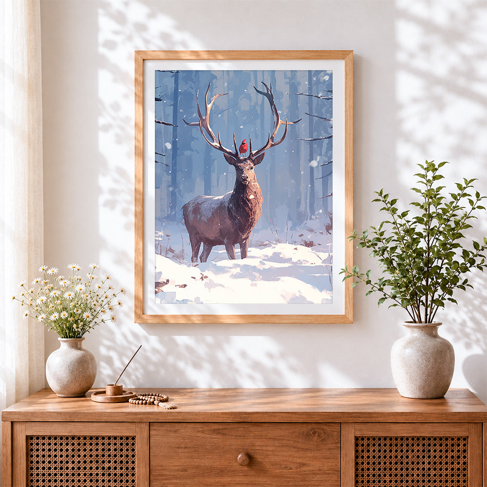 Finished noble stag in Winter Snow cross stitch artwork displayed