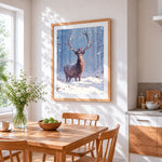 Noble stag in Winter Snow cross stitch artwork displayed on wall as home decor