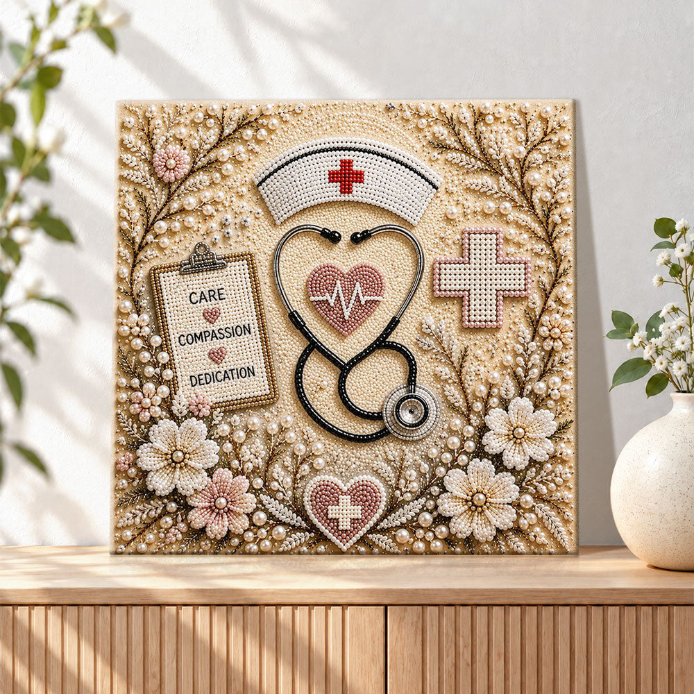 Finished nurse spirit of care pearl diamond painting artwork displayed as holiday home decor