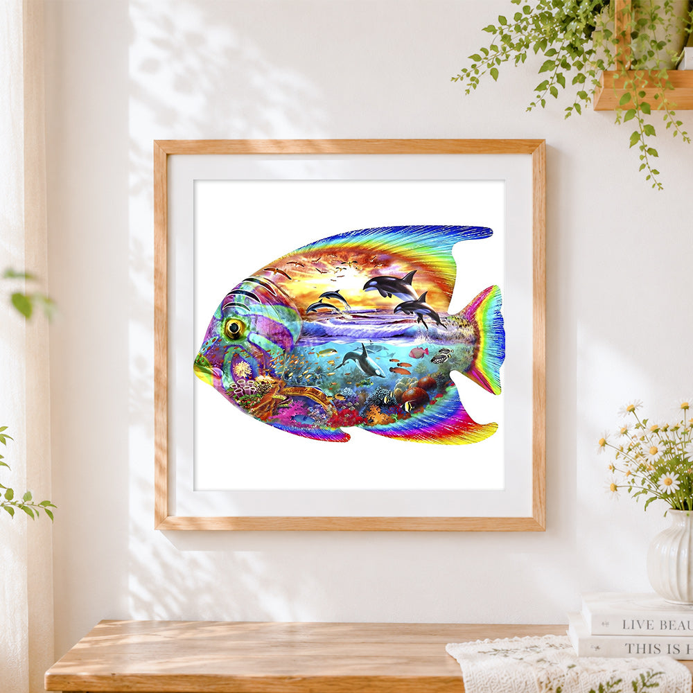 Finished ocean fish with dolphin scene cross stitch artwork displayed