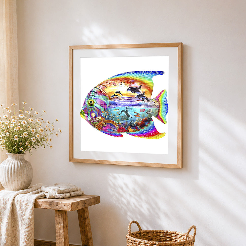Ocean fish with dolphin scene cross stitch artwork displayed on wall as home decor