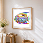 Ocean fish with dolphin scene paint by numbers artwork displayed on wall as home decor