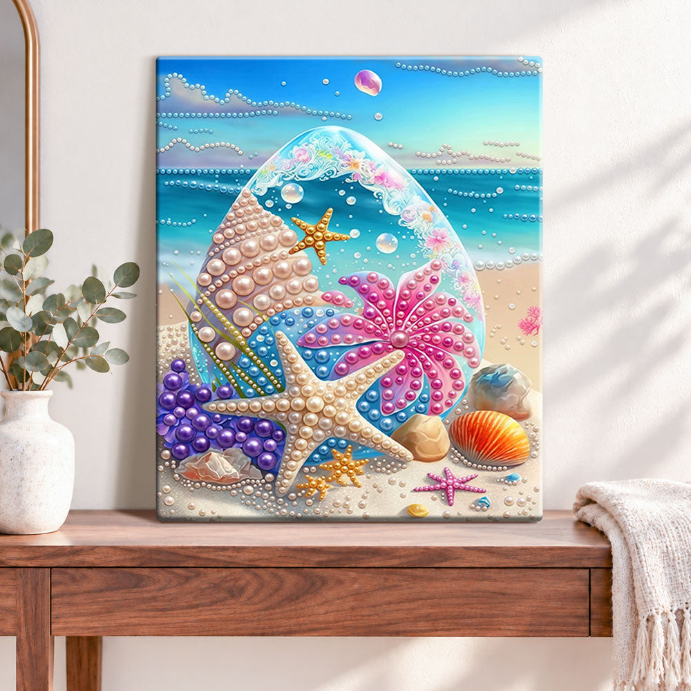 Finished ocean pearl treasures pearl diamond painting artwork displayed as home decor