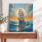 Finished ocean sailing vessel pearl diamond painting artwork displayed as home decor