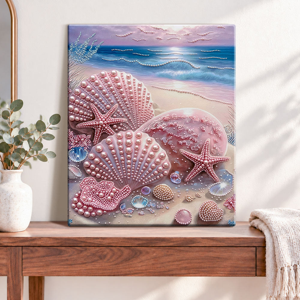 Finished ocean shells with pearls pearl diamond painting artwork displayed as home decor
