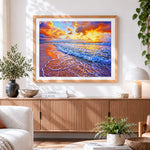 Finished ocean waves and beach cross stitch artwork displayed