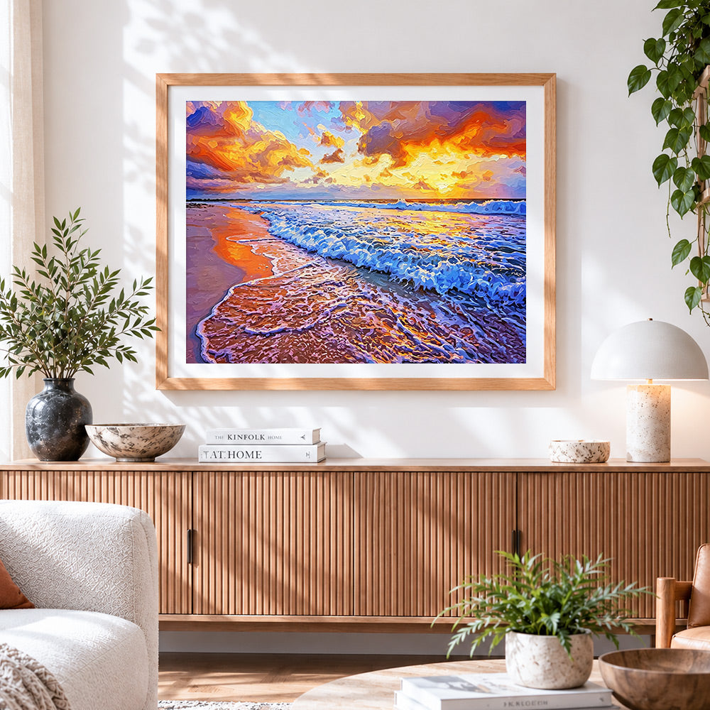 Finished ocean waves and beach cross stitch artwork displayed
