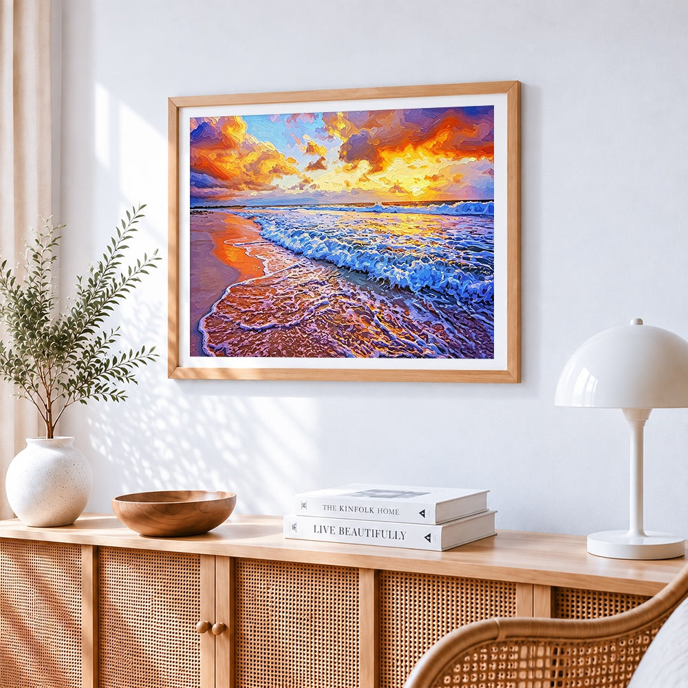 Ocean waves and beach cross stitch artwork displayed on wall as home decor