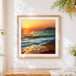 Finished ocean waves at sunset cross stitch artwork displayed