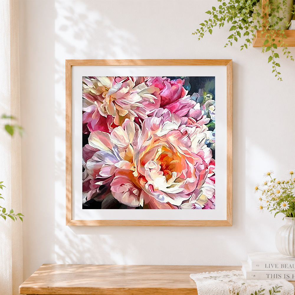 Finished oil painting style pink peonies cross stitch artwork displayed