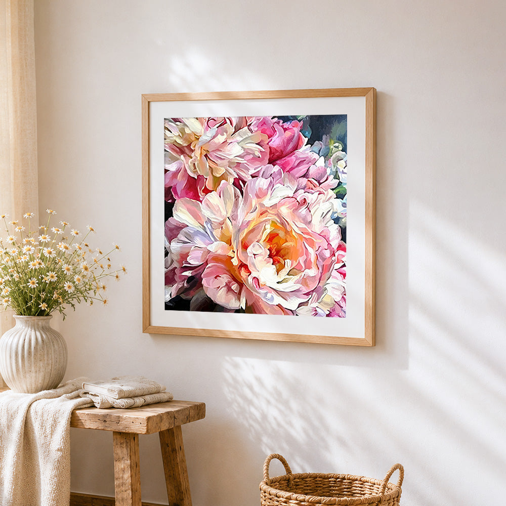 Oil painting style pink peonies paint by numbers artwork displayed on wall as home decor