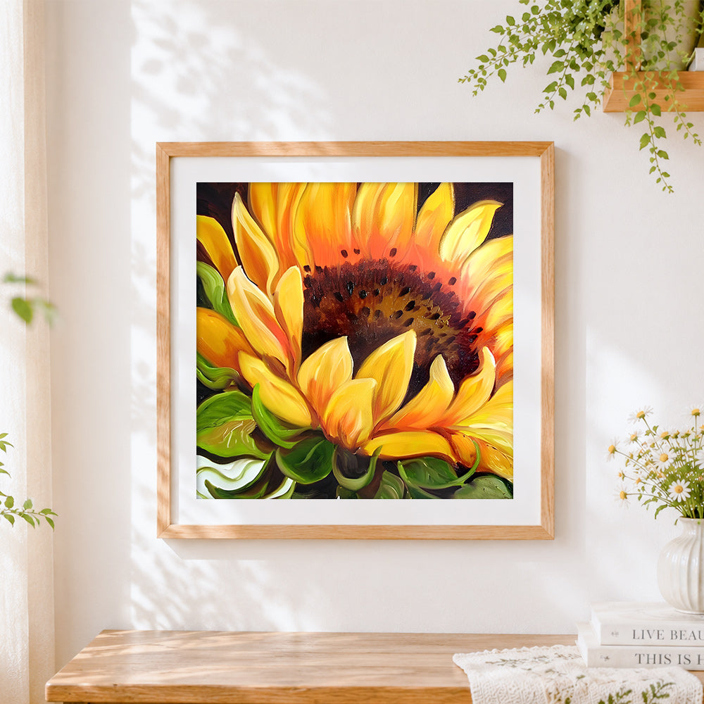 Finished oil painting sunflower close-up paint by numbers artwork displayed as home decor