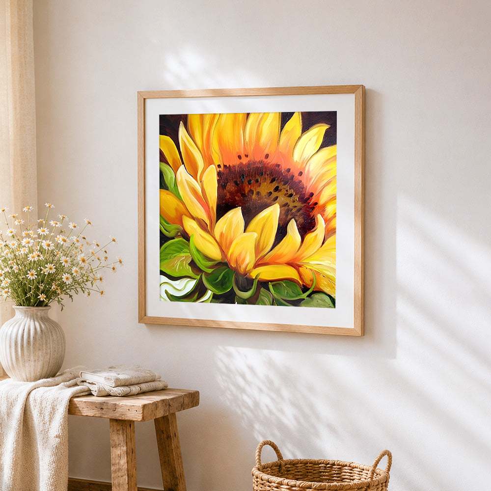 Oil painting sunflower close-up paint by numbers artwork displayed on wall as home decor