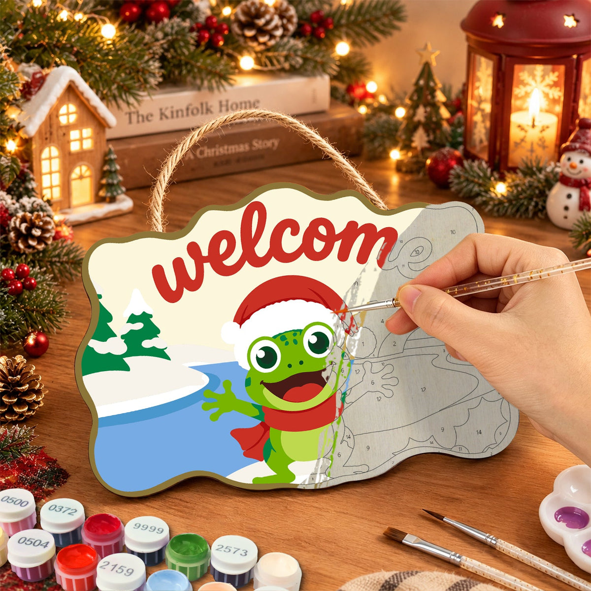 Open arms frog welcome paint by numbers door hanger painting process