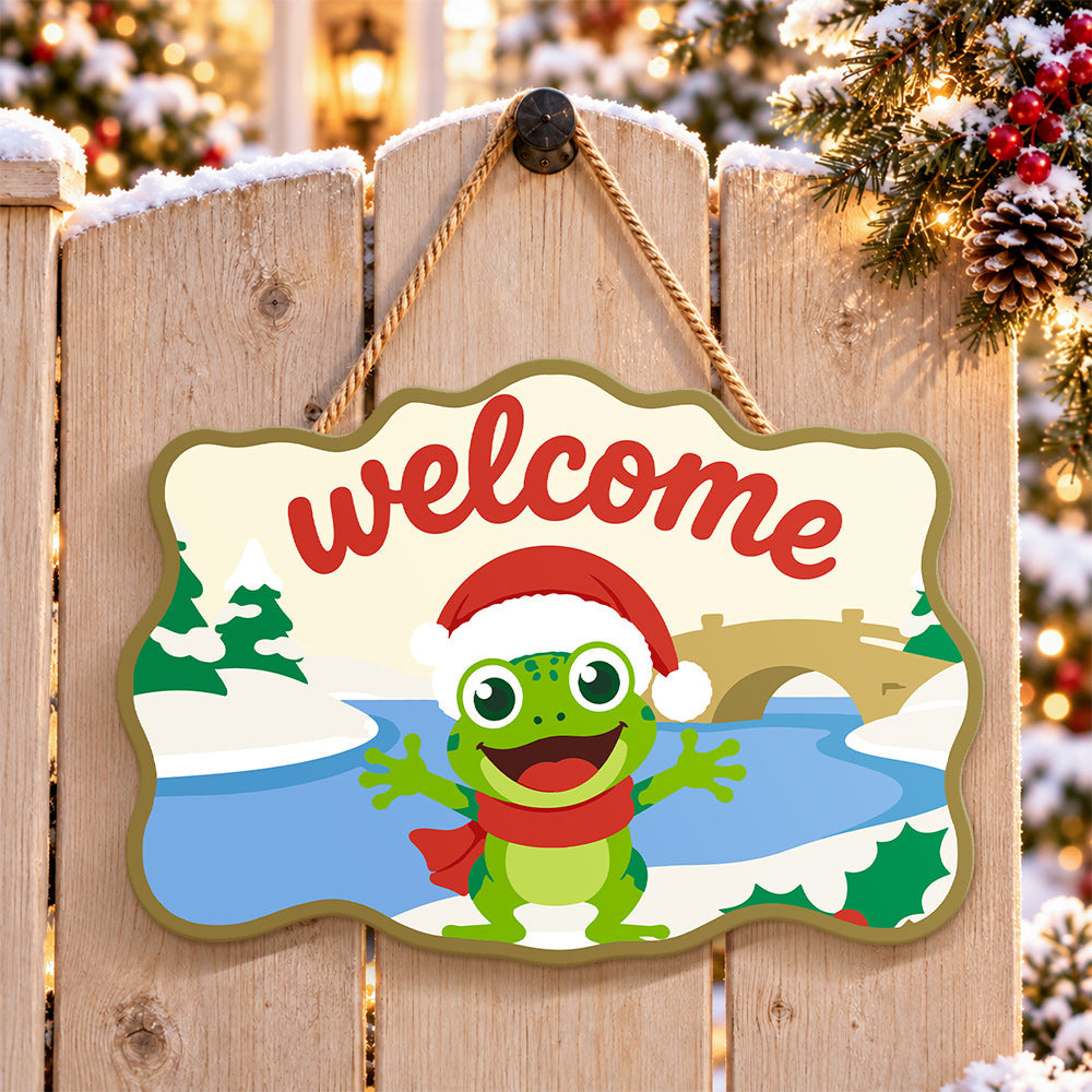 Open arms frog welcome paint by numbers door hanger on a garden gate