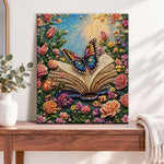 Finished open book with floral butterfly pearl diamond painting artwork displayed as home decor