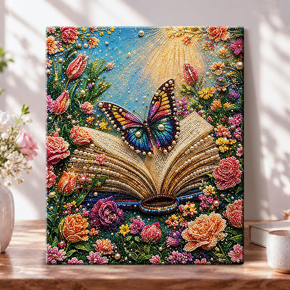 Open book with floral butterfly pearl diamond painting kit for beginners