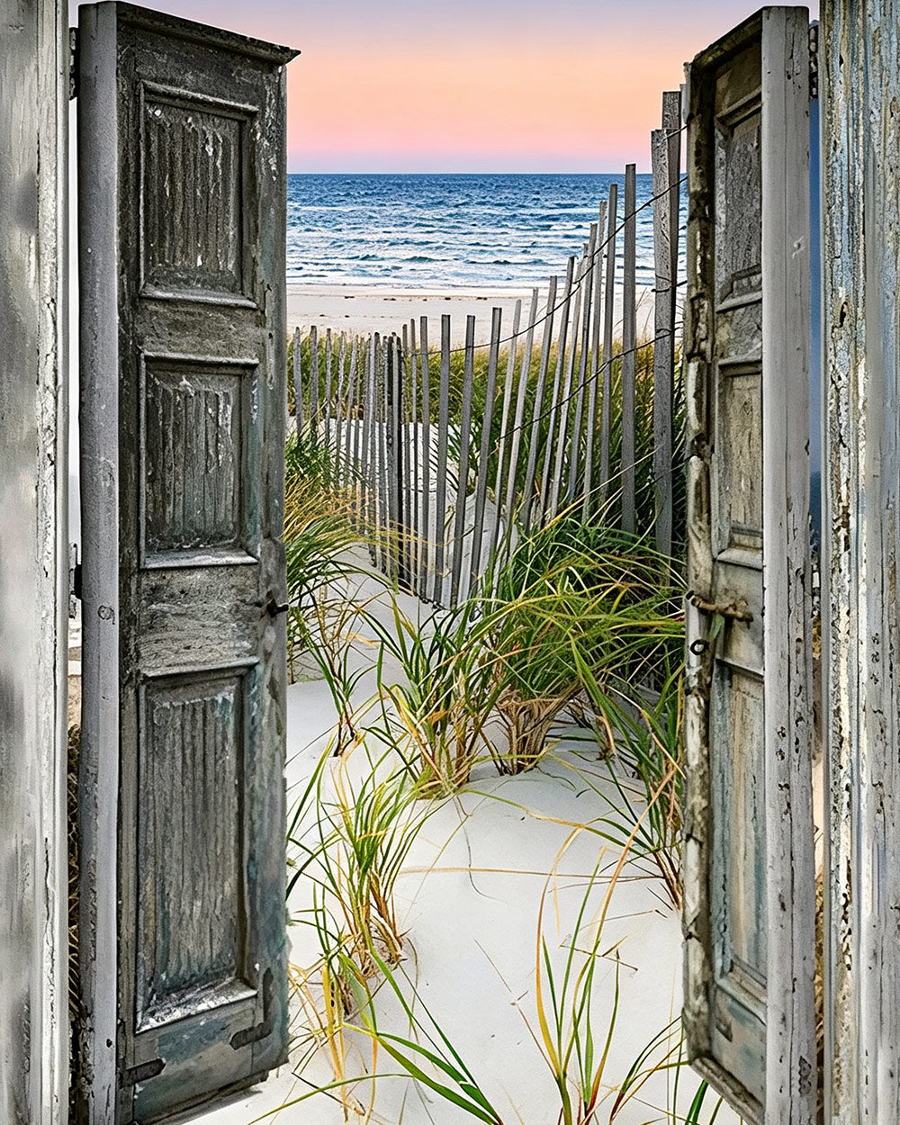 Open doors to a sandy beach cross stitch kit for beginners