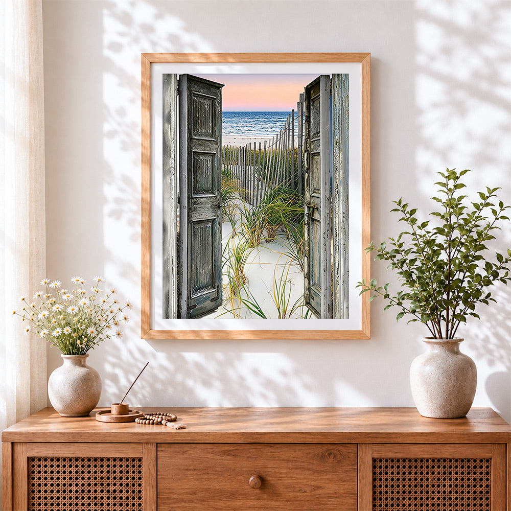 Finished open doors to a sandy beach paint by numbers artwork displayed as home decor