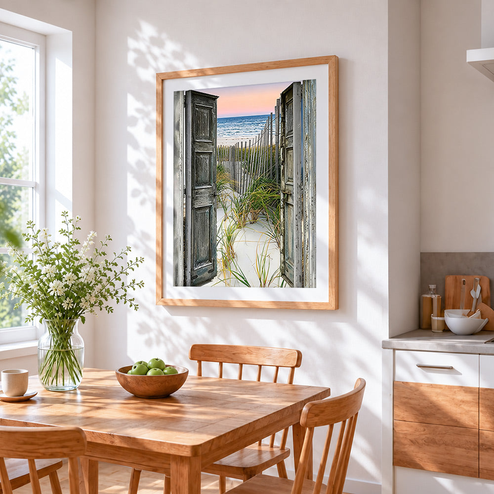 Open doors to a sandy beach paint by numbers artwork displayed on wall as home decor