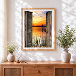 Finished open doors to a sunset lake and birds paint by numbers artwork displayed as home decor