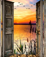 Open doors to a sunset lake and birds paint by numbers kit for beginners