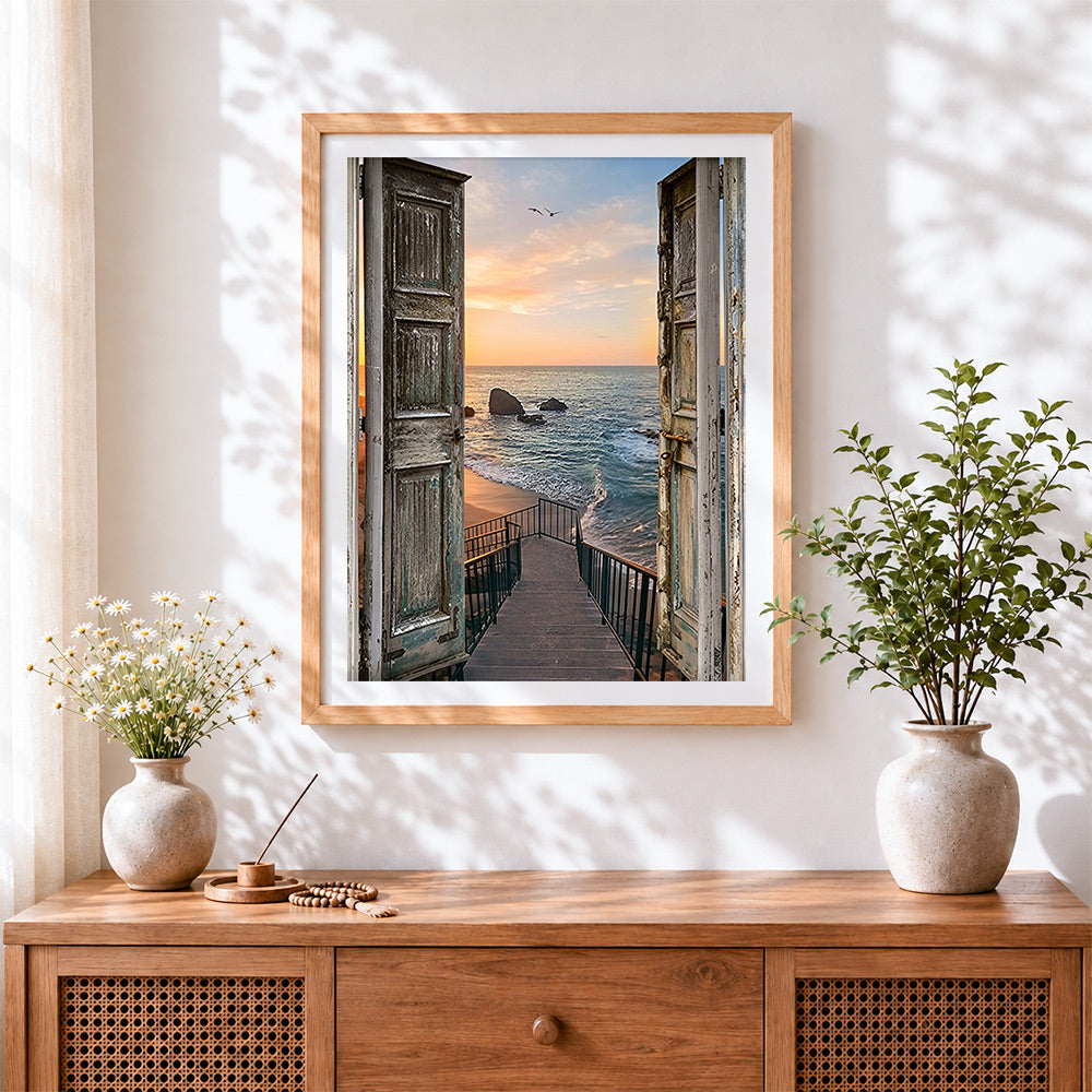Finished open doors to a sunset ocean view paint by numbers artwork displayed as home decor