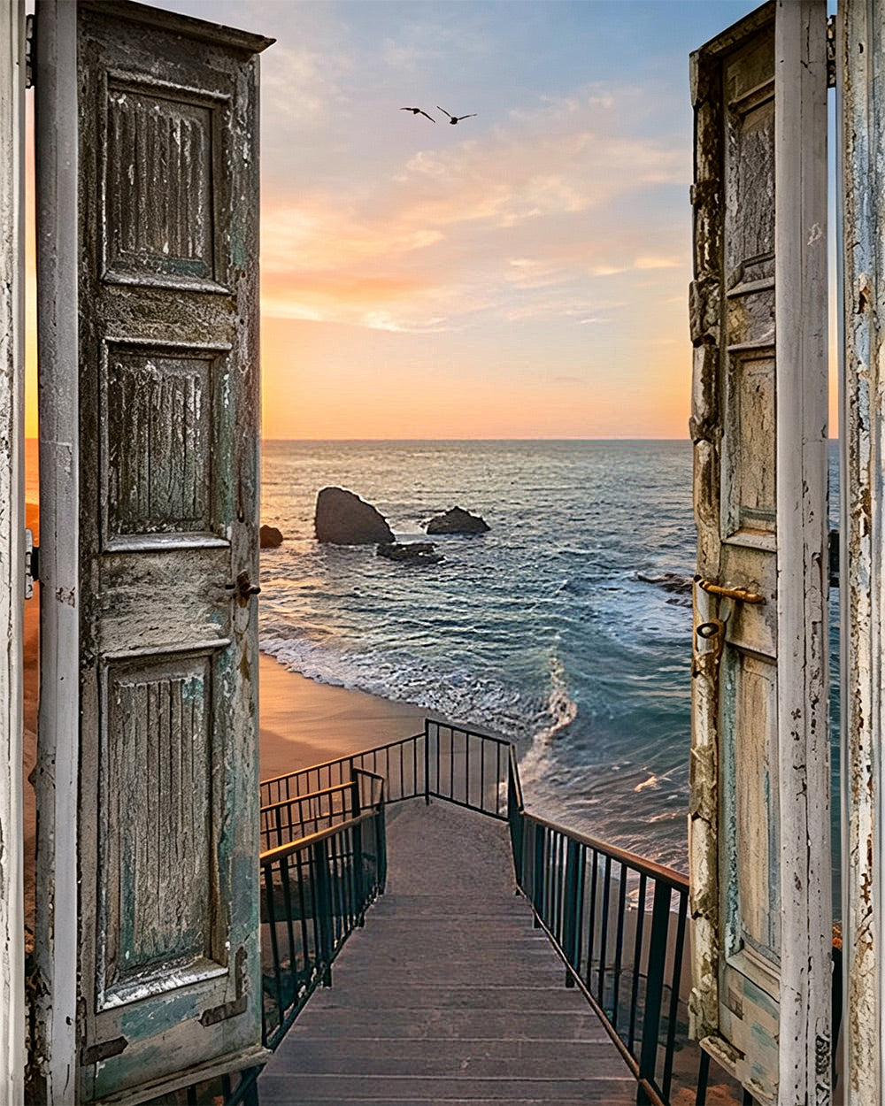 Open doors to a sunset ocean view paint by numbers kit for beginners