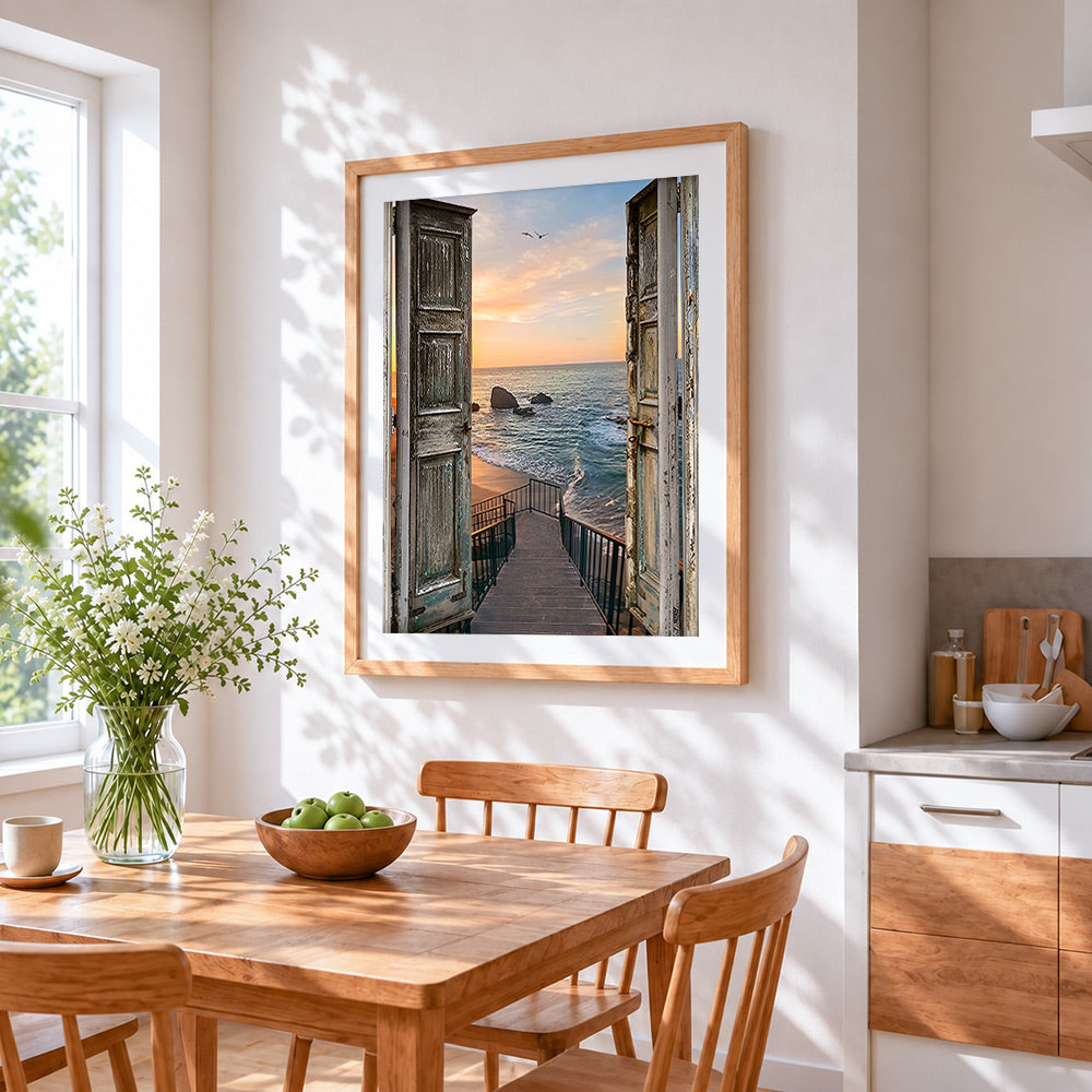 Open doors to a sunset ocean view paint by numbers artwork displayed on wall as home decor