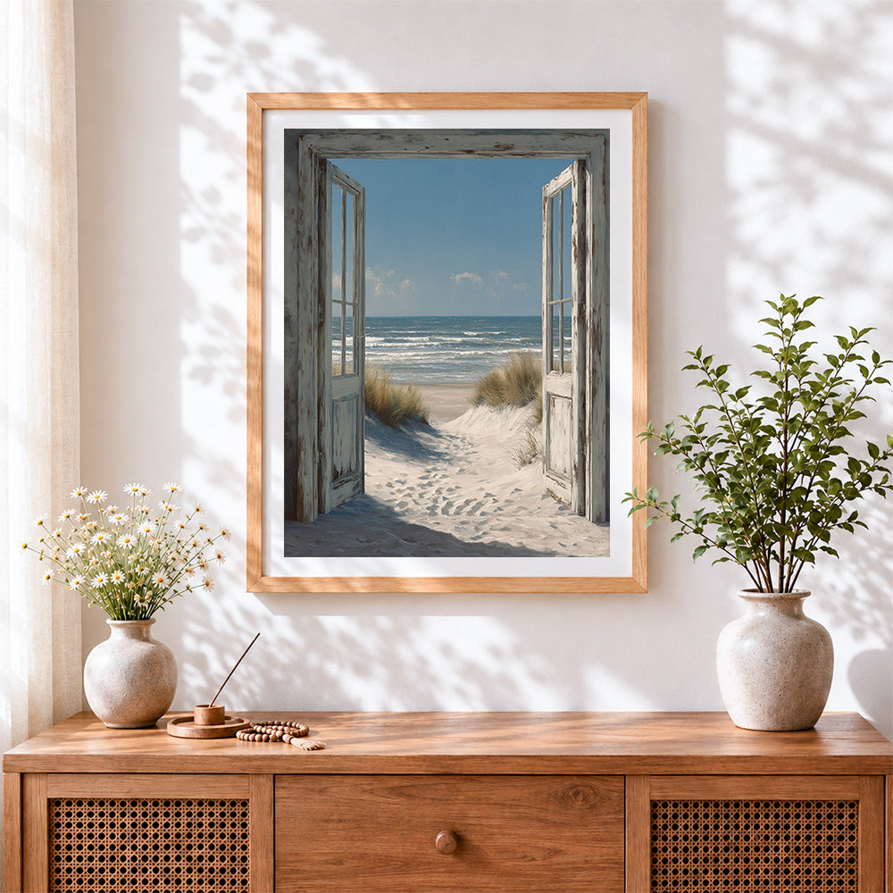 Finished open doors to ocean view cross stitch artwork displayed