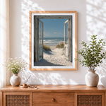 Finished open doors to ocean view cross stitch artwork displayed