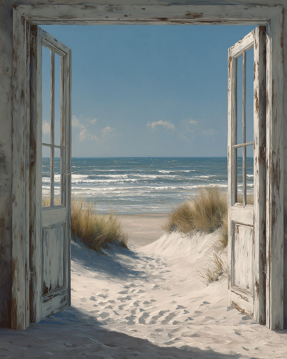 Open doors to ocean view cross stitch kit for beginners
