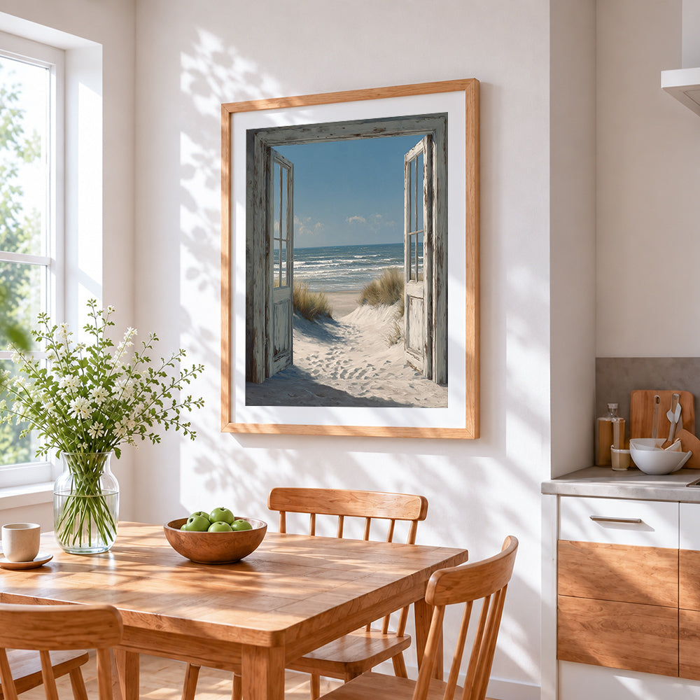 Open doors to ocean view cross stitch artwork displayed on wall as home decor