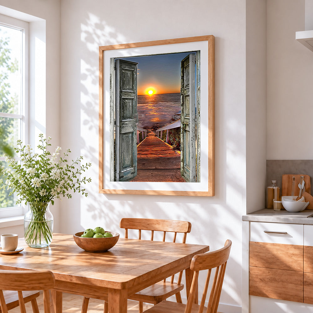 Open doors to the ocean at sunset paint by numbers artwork displayed on wall as home decor