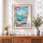 Finished open window to a sunny sea view cross stitch artwork displayed