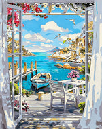 Open window to a sunny sea view cross stitch kit for beginners