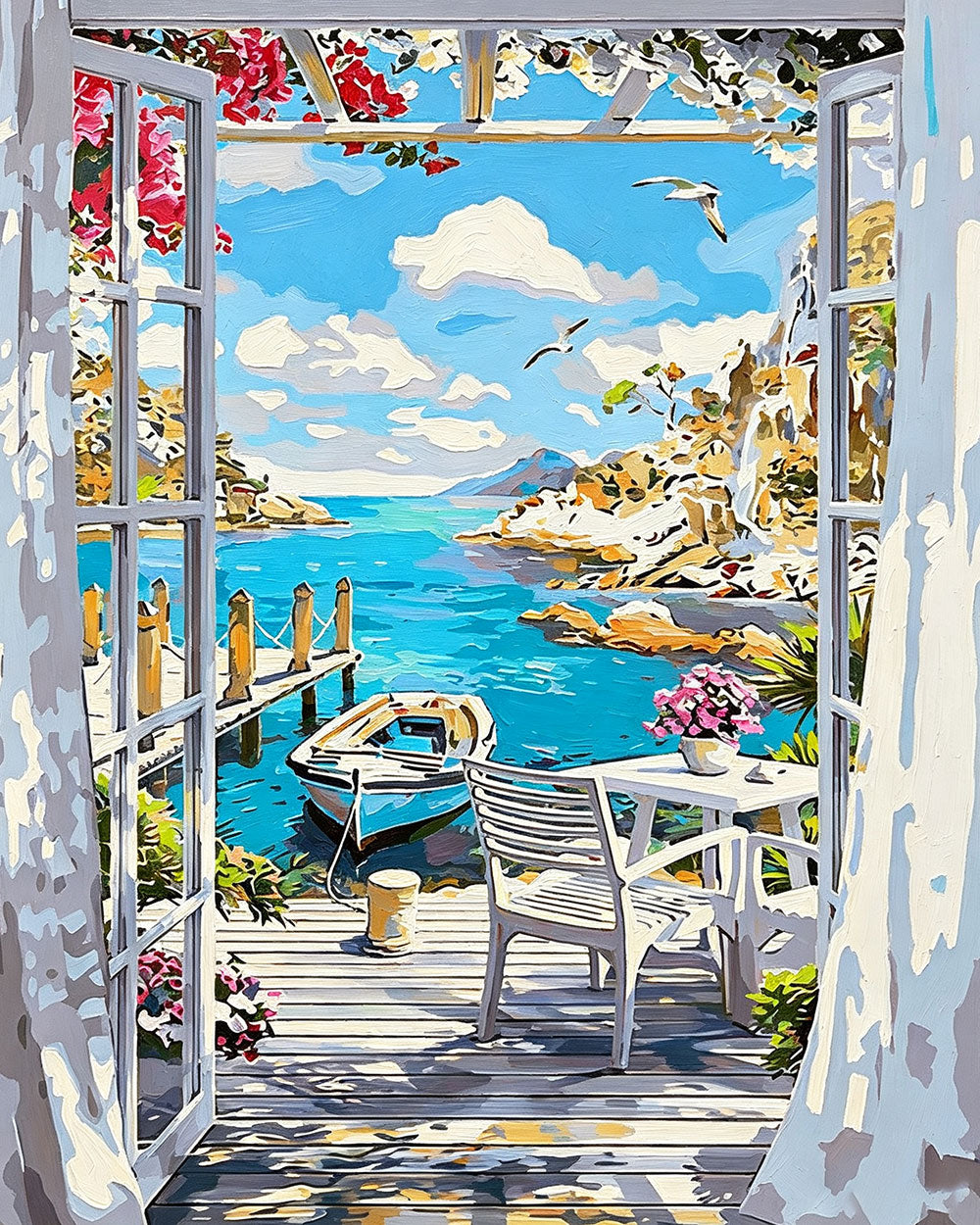 Open window to a sunny sea view cross stitch kit for beginners