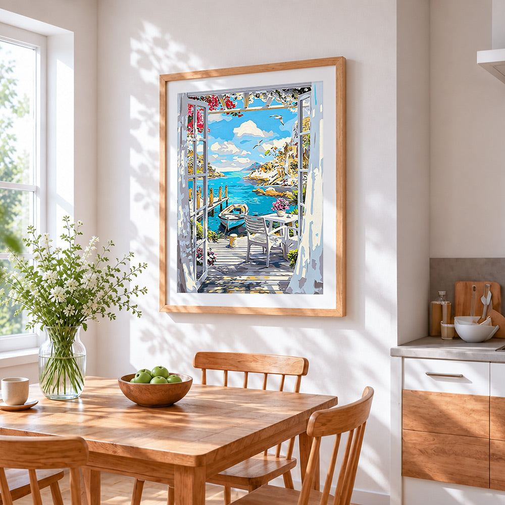 Open window to a sunny sea view paint by numbers artwork displayed on wall as home decor