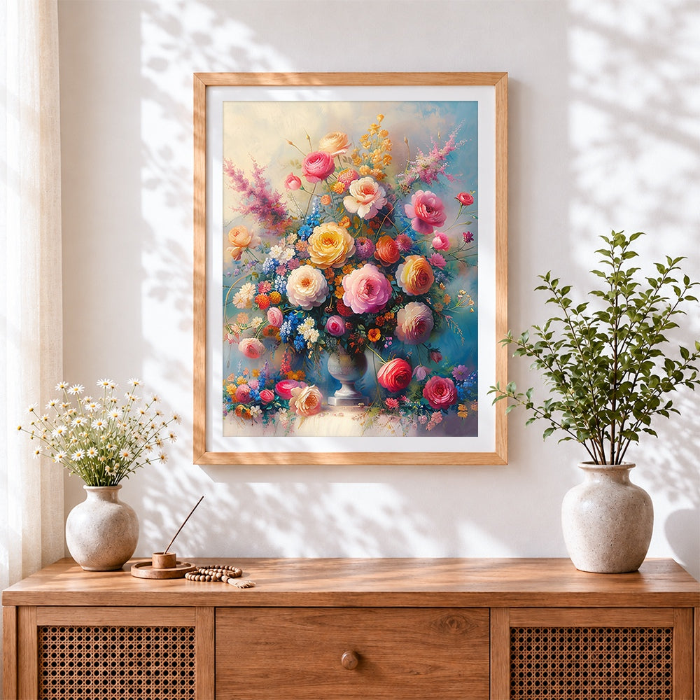 Finished opulent floral bouquet cross stitch artwork displayed