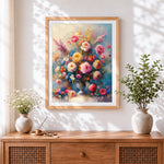 Finished opulent floral bouquet cross stitch artwork displayed