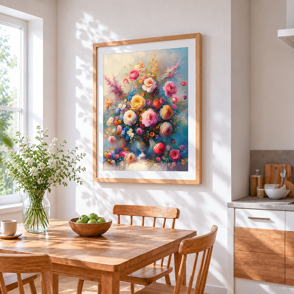 Opulent floral bouquet cross stitch artwork displayed on wall as home decor