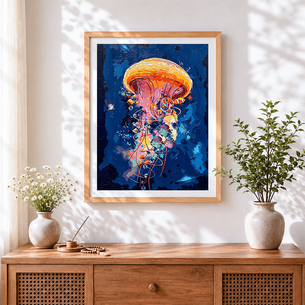 Finished orange abstract jellyfish cross stitch artwork displayed
