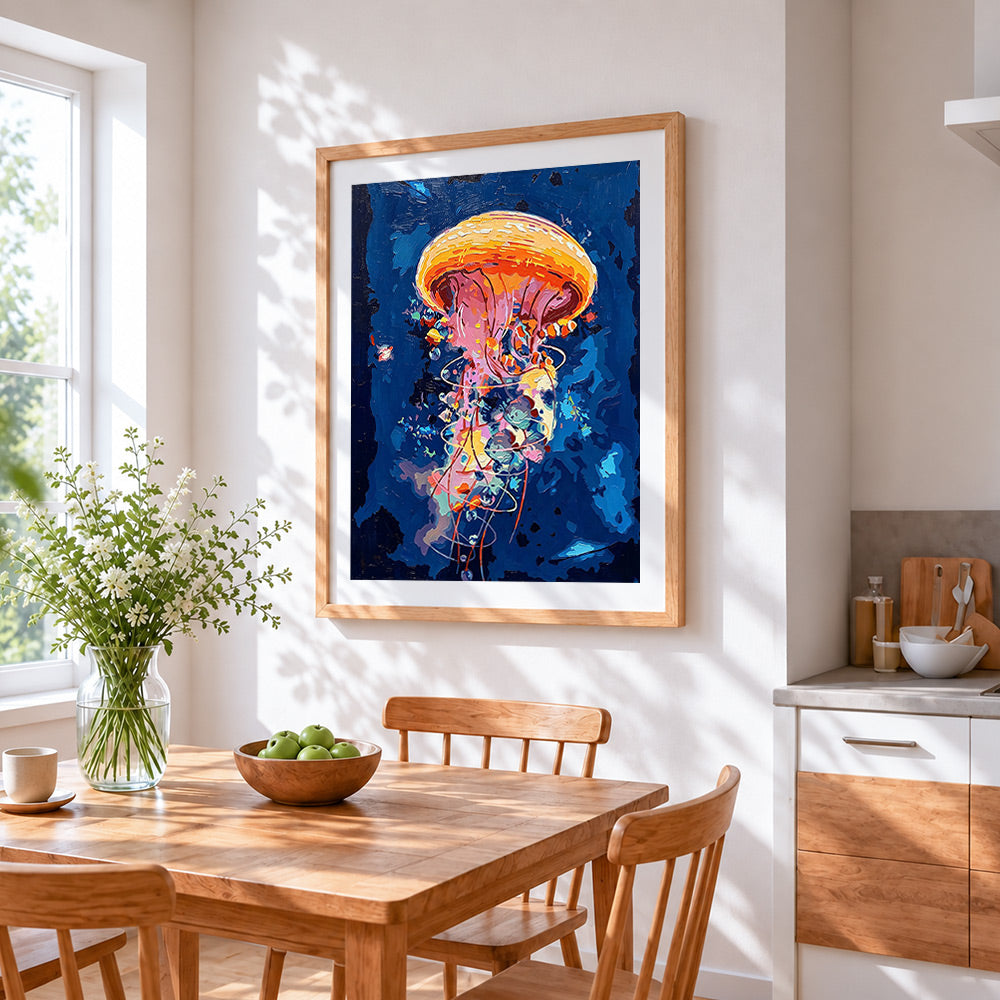 Orange abstract jellyfish cross stitch artwork displayed on wall as home decor