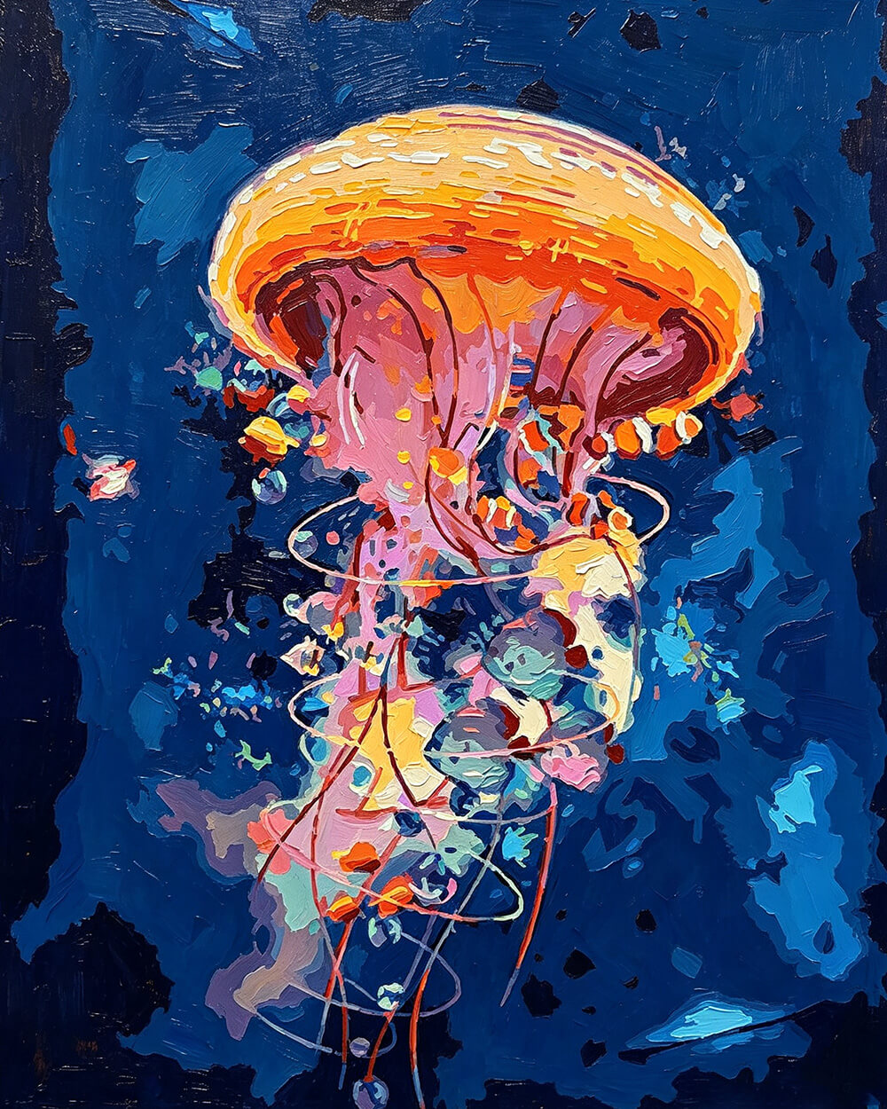 Orange abstract jellyfish paint by numbers kit for beginners