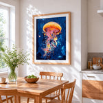 Orange abstract jellyfish paint by numbers artwork displayed on wall as home decor