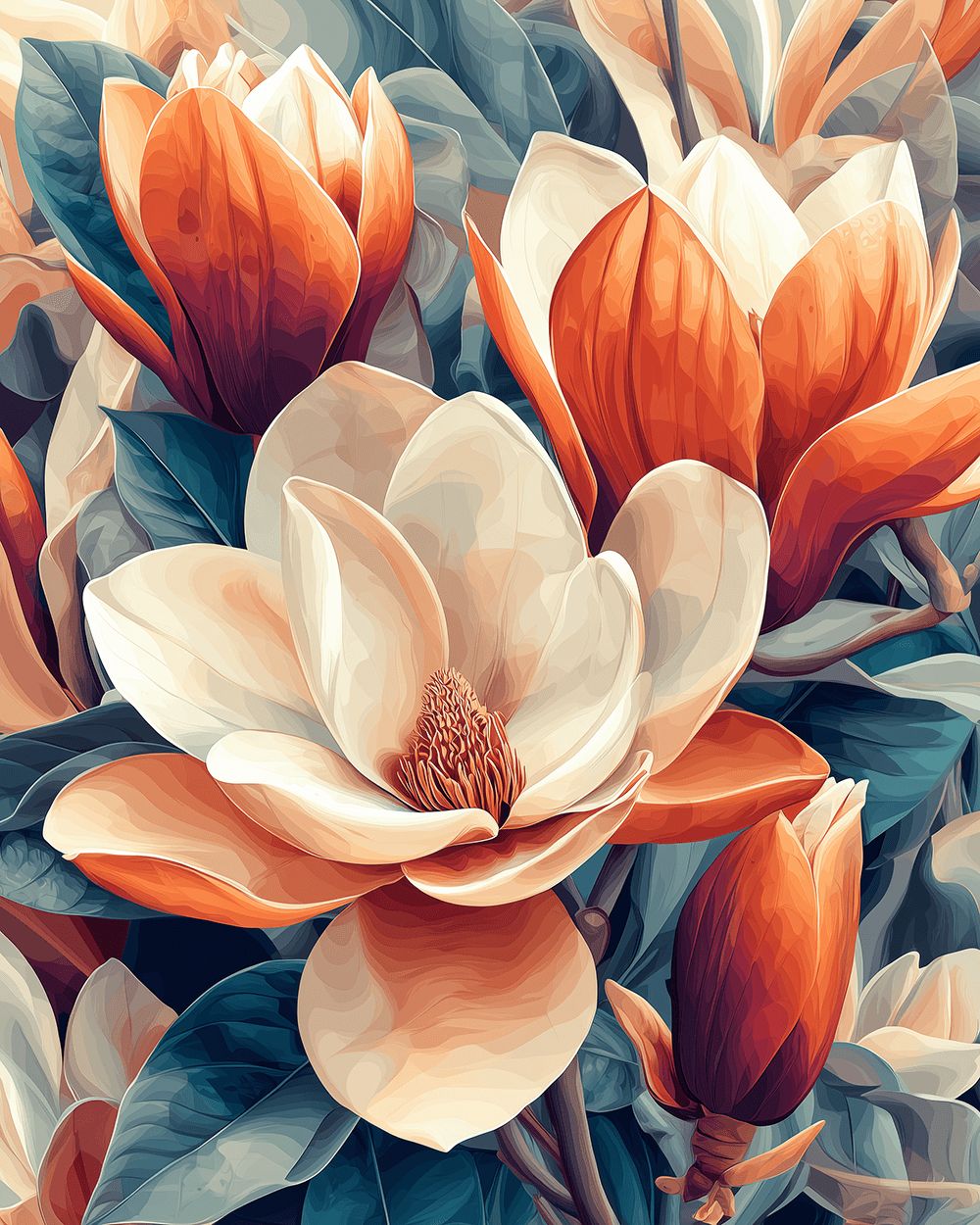 Orange and white magnolias cross stitch kit for beginners