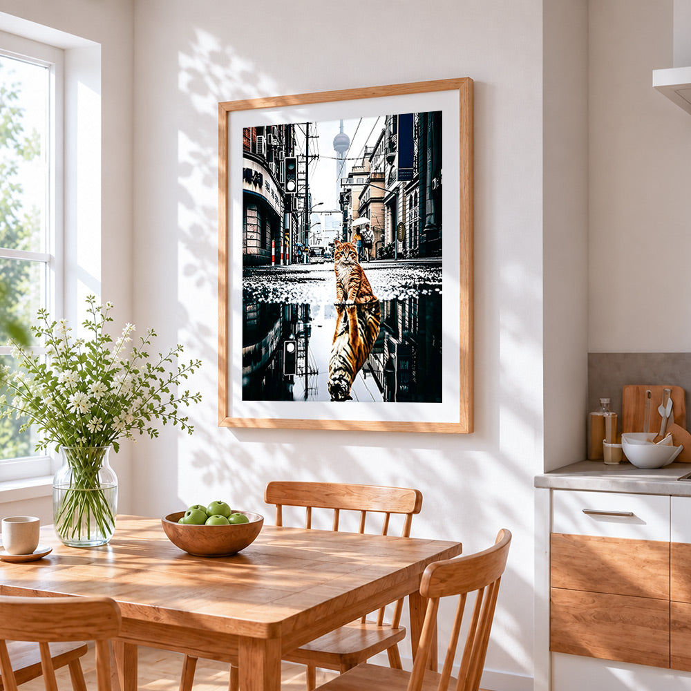 Orange cat and tiger reflection cross stitch artwork displayed on wall as home decor