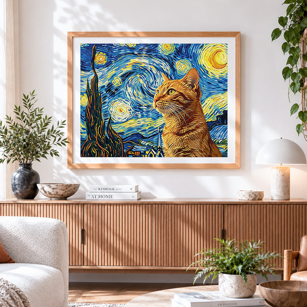 Finished orange cat in van gogh's starry night cross stitch artwork displayed
