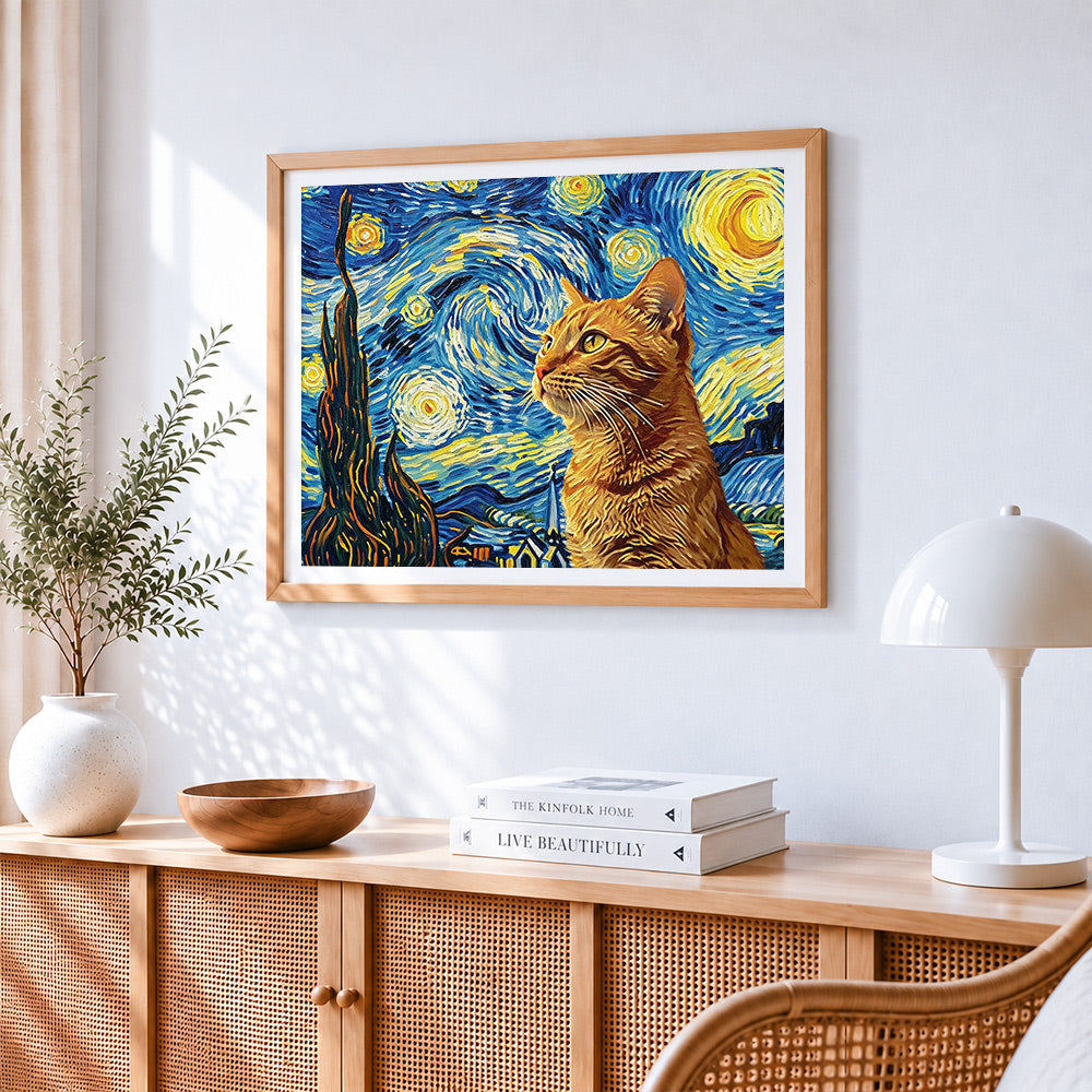 Orange cat in van gogh's starry night cross stitch artwork displayed on wall as home decor