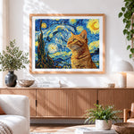 Finished orange cat in van goghs starry night paint by numbers artwork displayed as home decor